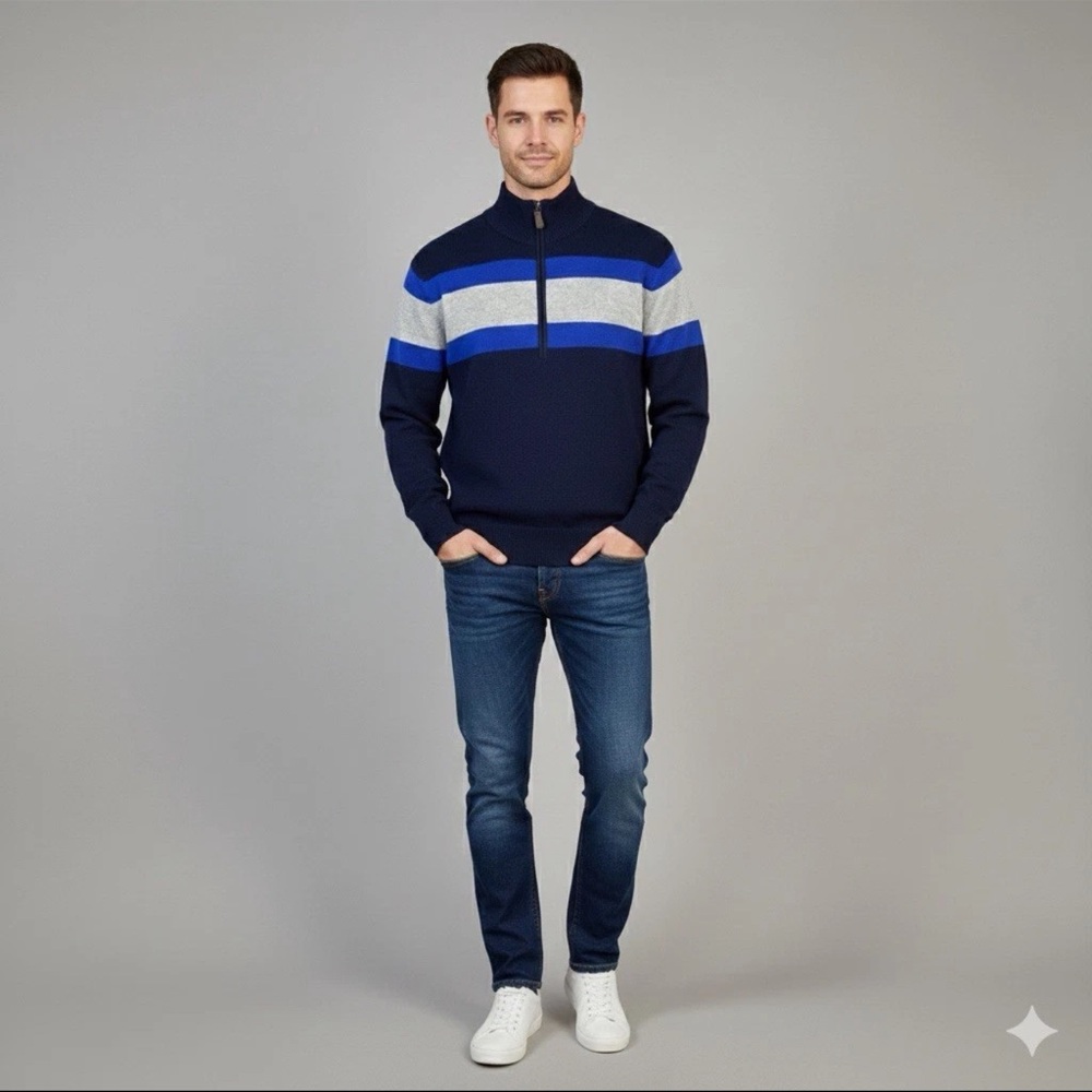 Amicale Mens 1/2 Zip 100% Cashmere Navy Striped‎ Sweater Large NWT
